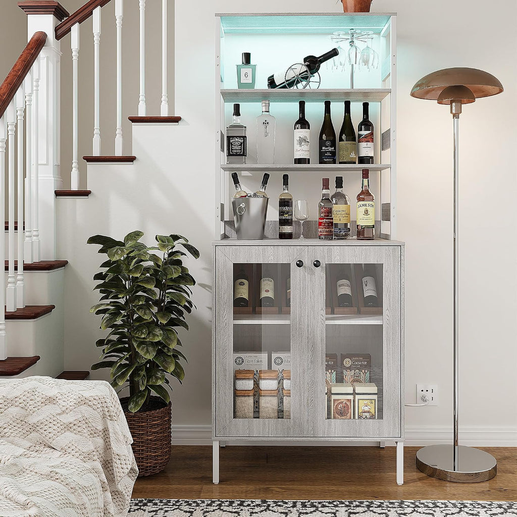 IDEALHOUSE 67' Tall Wine Bar Cabinet for Liquor and Glasses,Farmhosue Coffee Bar Cabinet,Pantry Storage with RGB LED Lights,Power Outlet,Adjustable Shelves,for Home,Dining Room,Kitchen(Grey)