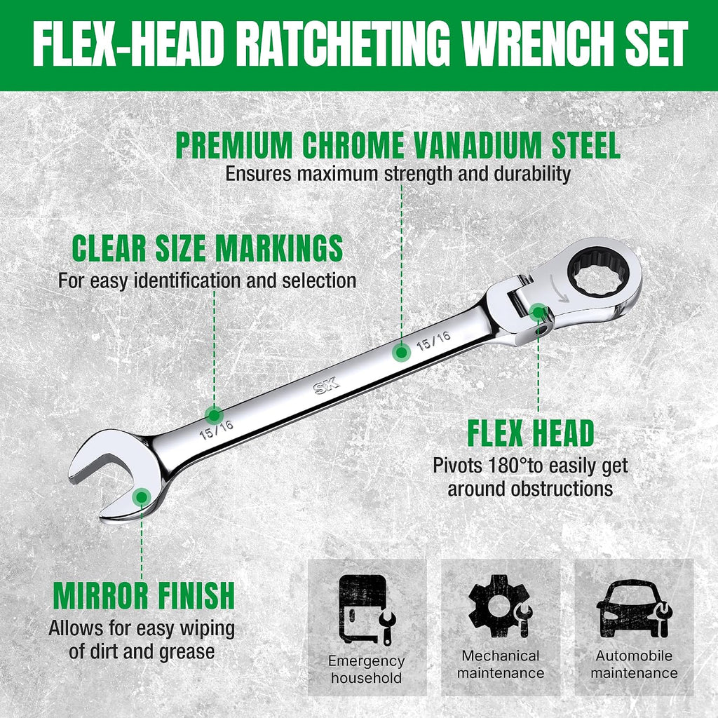 SK Flex-Head Ratcheting Wrench Set, Combination Wrench Set, 25-Piece, SAE 1/4' to 1', Metric 8 to 19mm, 72-Tooth, Premium CR-V Construction, with Rack Organizer