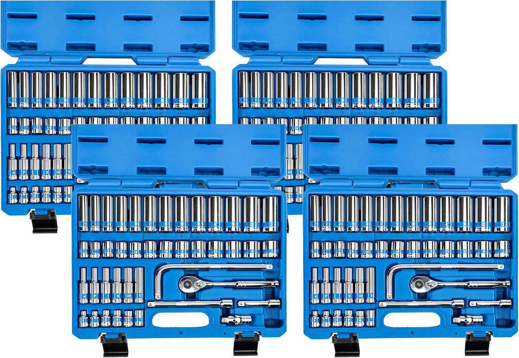 NEIKO 02512A 3/8' Drive Socket Set with Quick Release Ratchet (90 Tooth), 43 Piece Standard and Deep Metric Sizes, 6mm to 24mm, 6 Point, Universal Joint, 3/8' Extension Bars, CR-V Steel (Pack of 4)