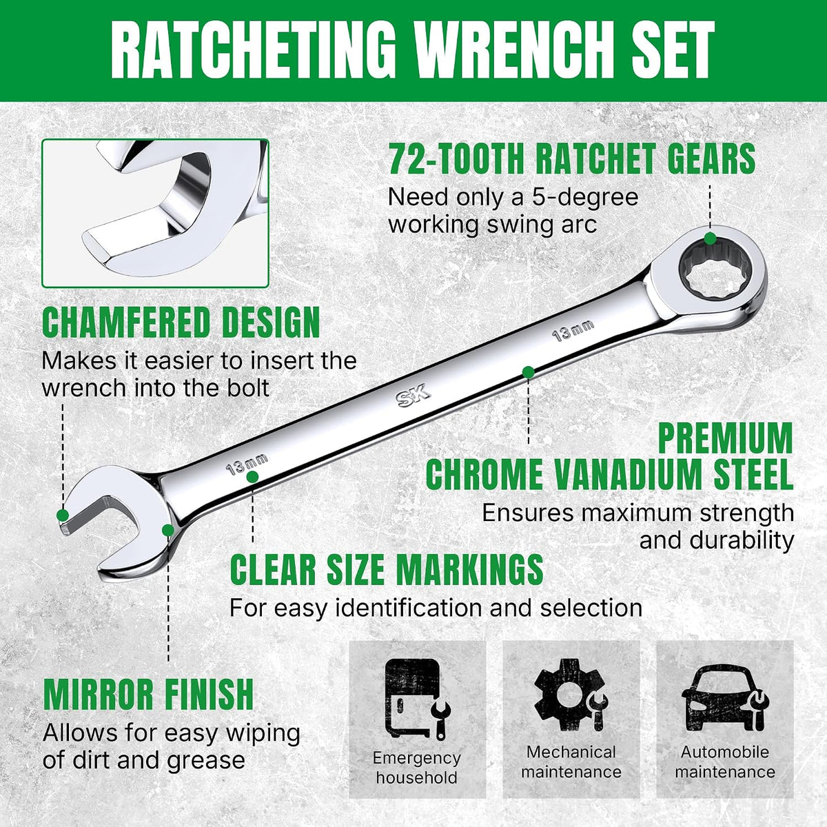 SK Ratcheting Wrench Set, Combination Wrench Set, 20-Piece, SAE 1/4' to 3/4', Metric 6 to 18mm, 72-Tooth, Premium CR-V Construction, with Rolling Pouch
