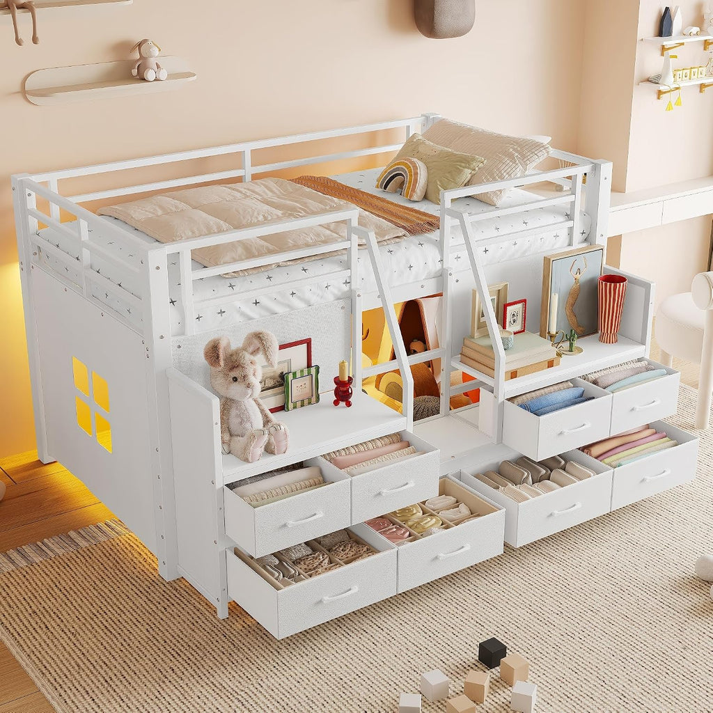 Metal Low Loft Bed with 8 Drawers & Storage Shelves, Heavy Duty Loft Bed Frame with LED Light, Playhouse Bed for Kids, Boys & Girls, White