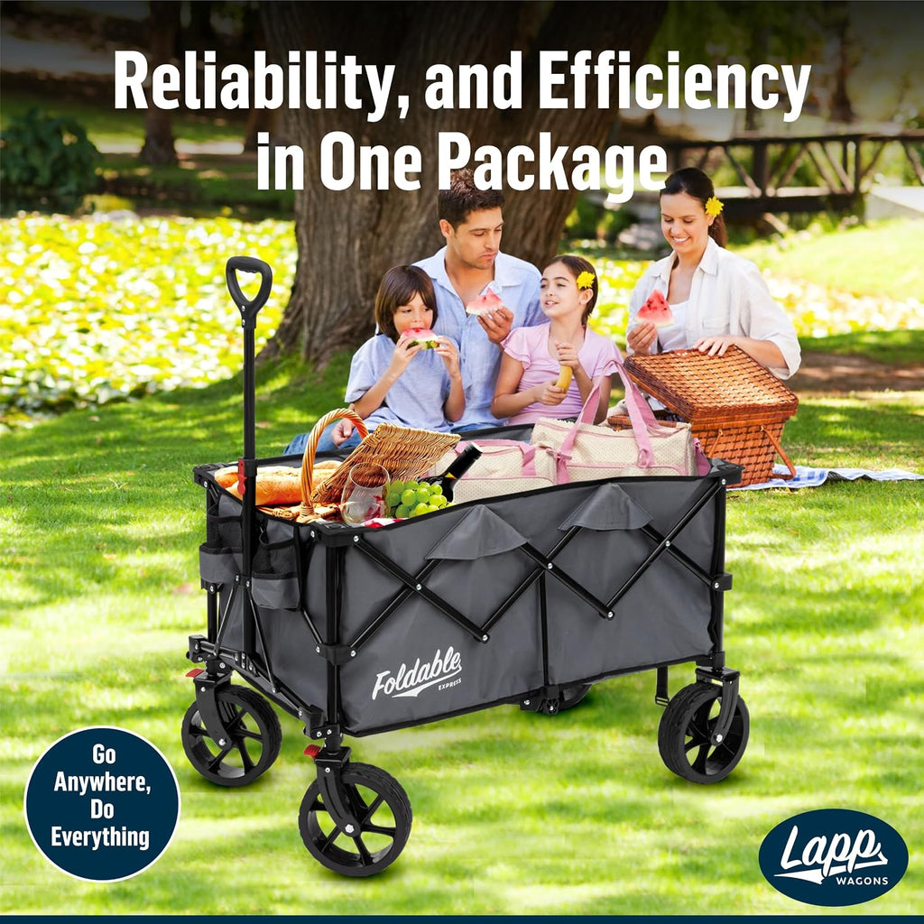 Lapp Wagons 39' Extra-Long Folding Wagon Cart, Heavy-Duty 360 lb Utility Wagon with Wheels, Reinforced Handle, Collapsible Beach Wagon for Camping, Garden, Grocery & Outdoor Use, Grey