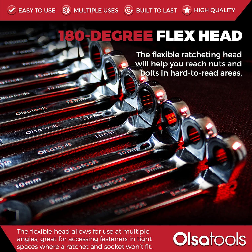 Olsa Tools Flex Head Ratcheting Wrench Set (Metric 12pc) | 6-Point Box End Ratchet Wrenches Set | 120 Tooth Ratchet Wrench Sets | Works on Stripped and Rounded Bolts | Professional Spanner Wrench