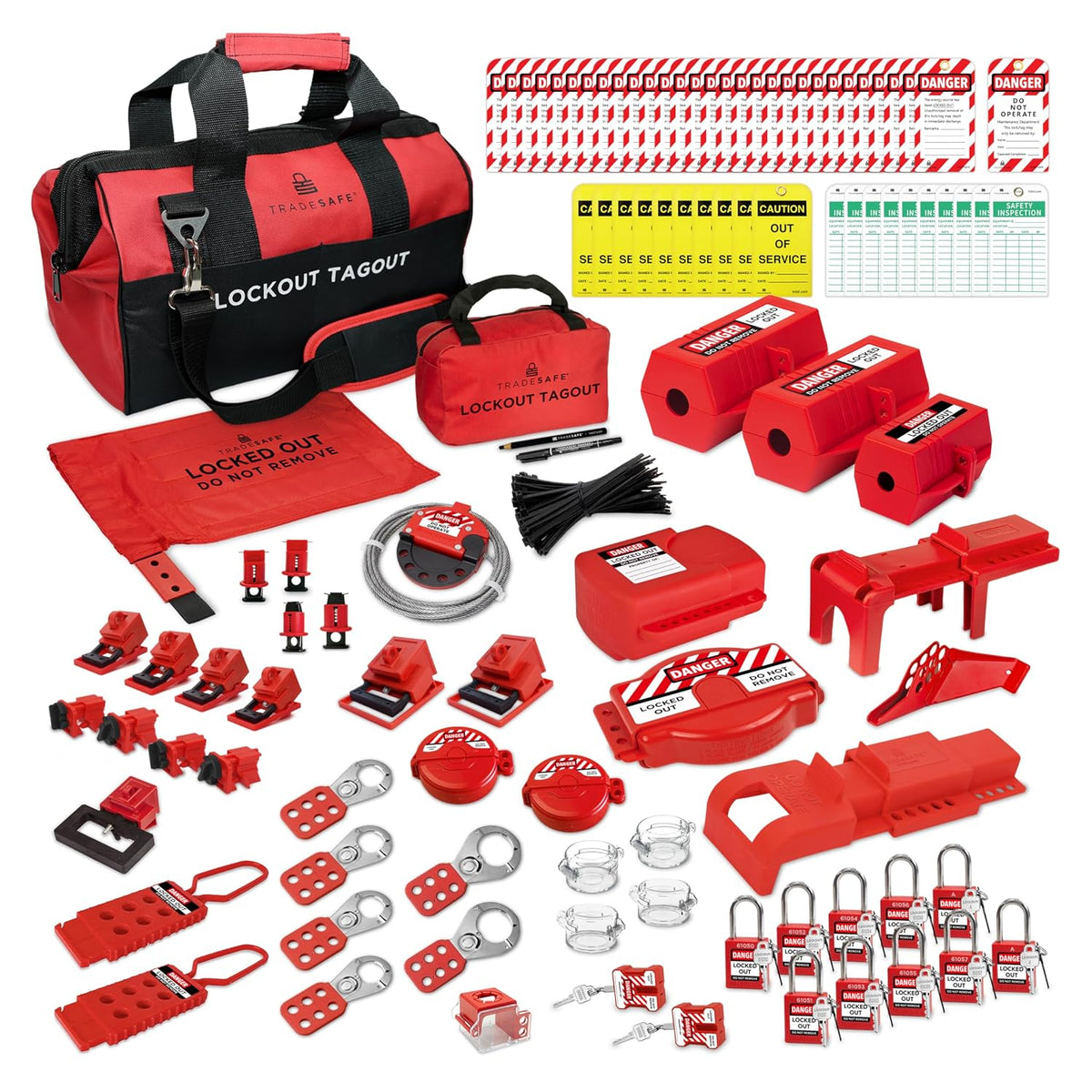 TRADESAFE Lockout Tagout Kit - 95 Lock Out Tag Out Devices, Loto Locks, Safety Tags, Breaker Lockout, Cable Lock, Valve Lock Out, Emergency Stop Button Cover, Plug Lock, Hasps, Lock Out Bag, Tool Bags