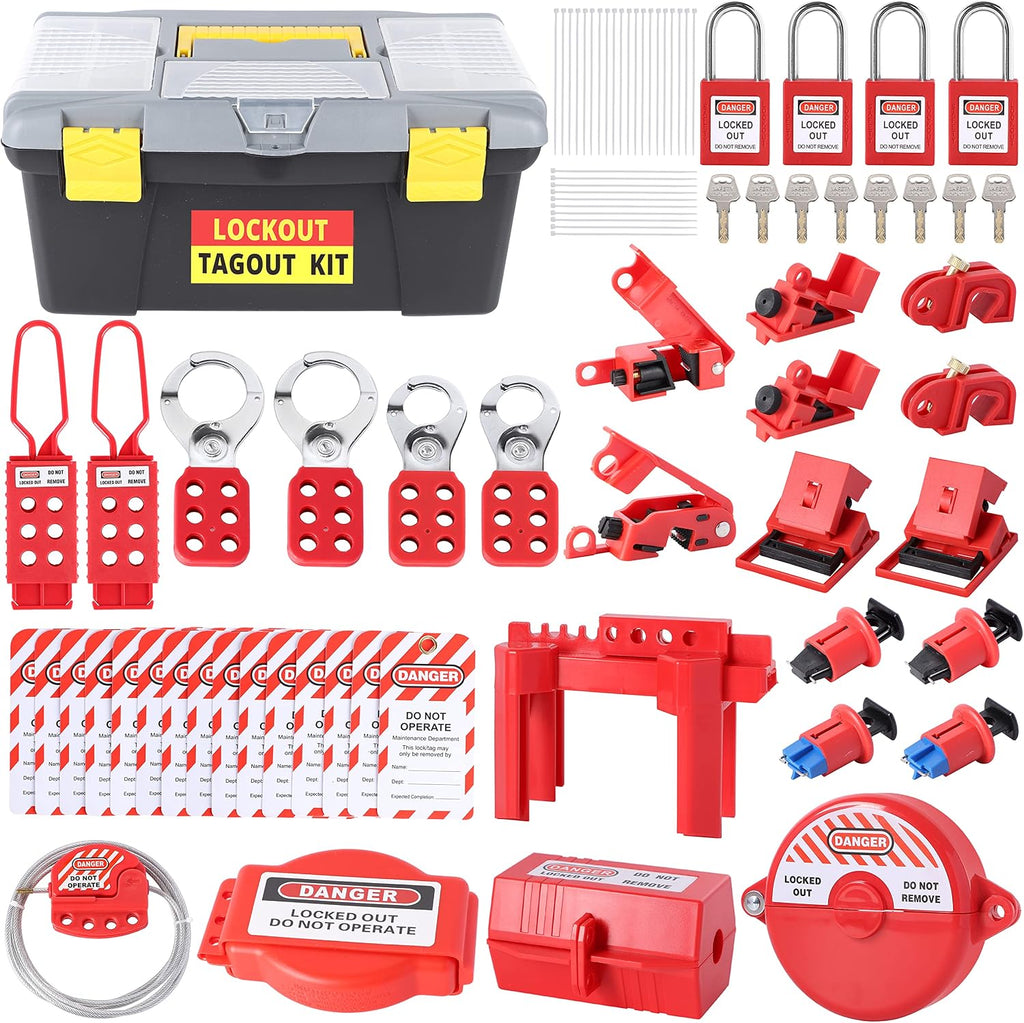 73 PCS OSHA Compliant Lockout Tagout Kit- Safety Loto Kit with Padlocks, Lockout Hasps, Loto Tags, Circuit Breaker, Electrical Plug, Ball/Gate/Cable Locks for Industrial Electrical & Machinery Safety