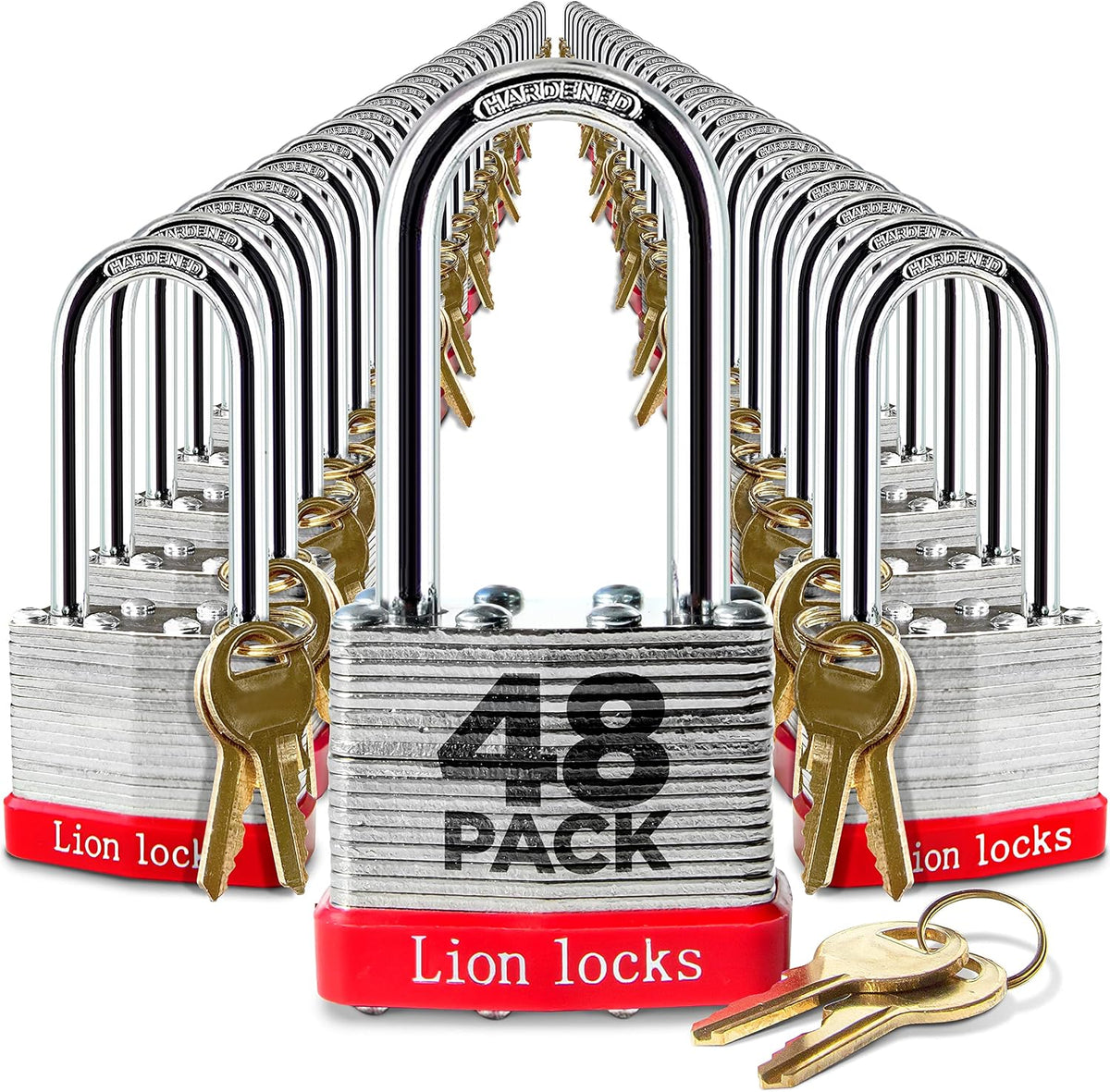 Lion Locks 48 Keyed Alike Padlocks with 2' Long Shackle, 96 Keys - Padlocks for Outdoor Use, Locks with Keys, Hardened Steel Case, Pick Resistant Brass Pin Cylinder for Hasp Latch, Locker, Gate
