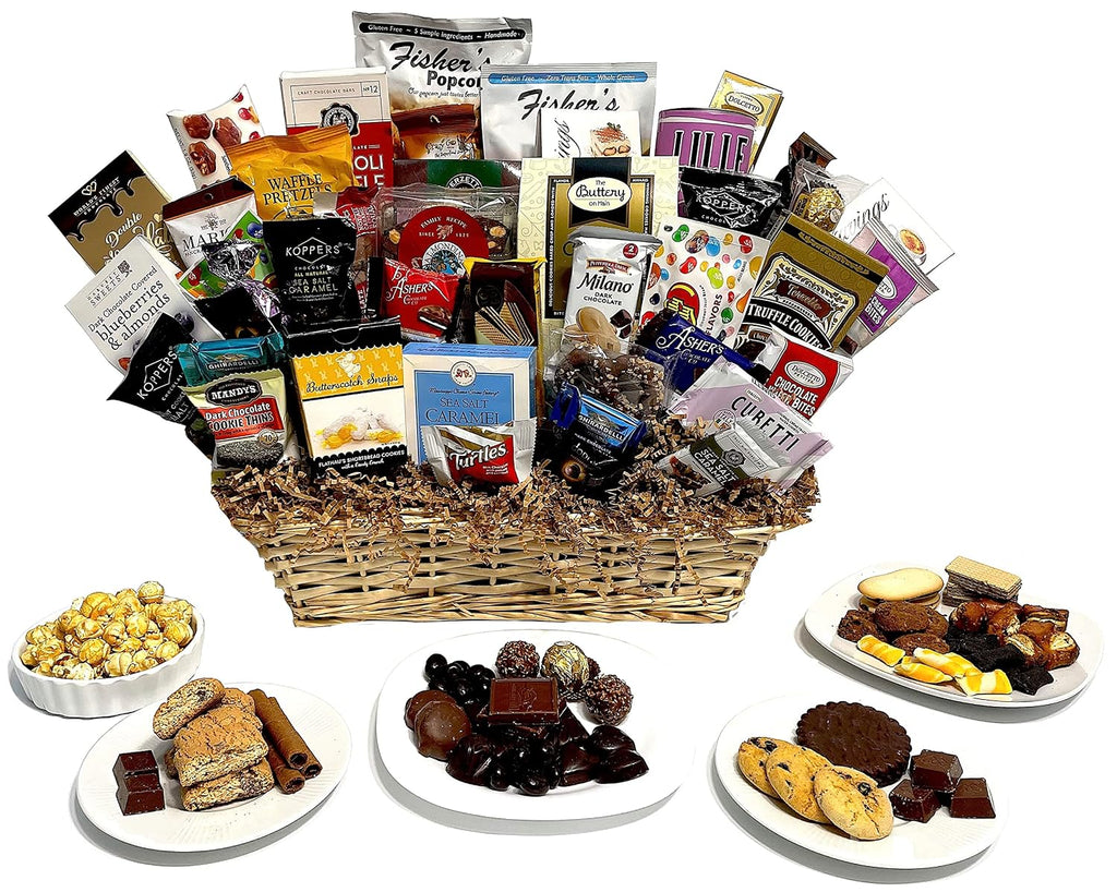 Hand-Crafted 43 Piece customizable chocolate gift basket of gourmet chocolates, cookies, and crunches. Tasty treats selected for businesses, clients, employees, birthdays, thank you and more!