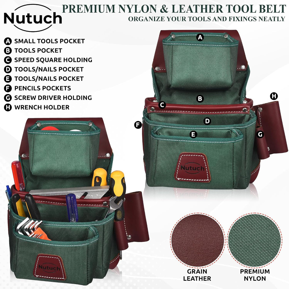 Nylon and Leather Tool Belt | Nylon Tool Pouch | Carpenter Tool Belt | Construction | Framers | Electrician Tool Belts | Drywall Tool Bags | Handyman | Electric (GREEN)