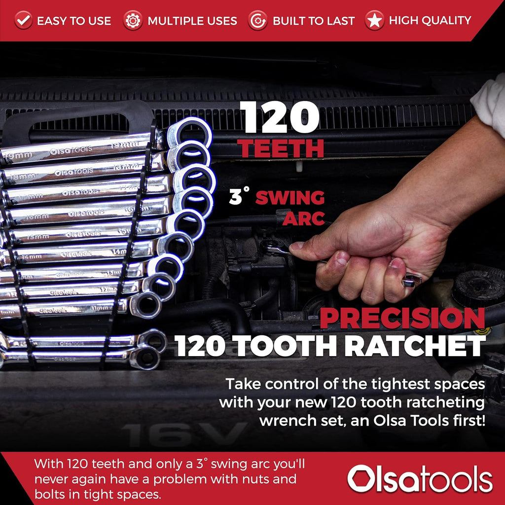 Olsa Tools Ratcheting Wrench Sets (Metric 12pc) - 6-Point Box End Ratchet Wrenches Set - 120 Tooth Metric Ratchet Wrench Set - Works on Stripped and Rounded Bolts - Professional Grade - Part: 1354