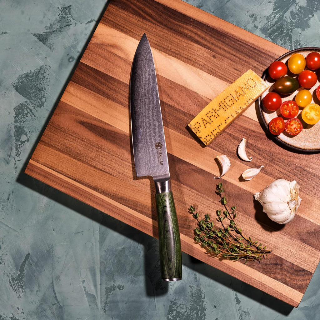HexClad 8 Inch Japanese Damascus Stainless Steel Chefs Knife, Full Tang Construction, Pakkawood Handle