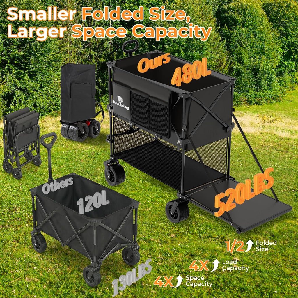 480L Double Decker Wagon, 58' L Extended Foldable Utility Cart with Tailgate, Big All-Terrain Wheels with Brakes, 520lbs Heavy Duty Collapsible Wagon for Camping Beach Sports Grocery Pets