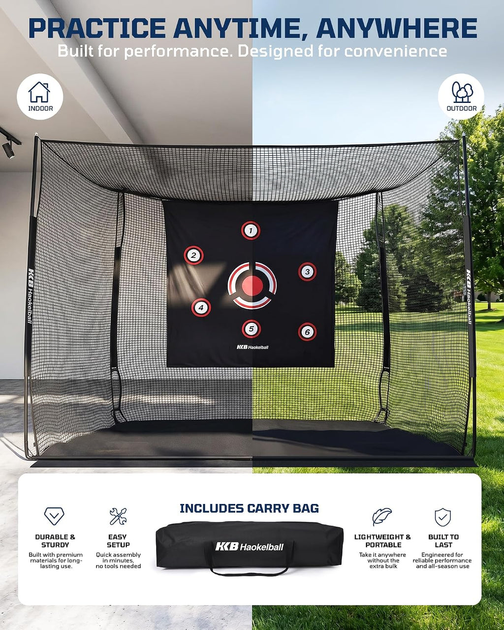 Haokelball Golf Cage with Metal Frame, 10x8x6ft Golf Hitting Nets for Backyard Driving Real Balls, Heavy Duty Net Enclosure with 3-Sides & Target Cloth for Indoor Outdoor Full Swing Practice
