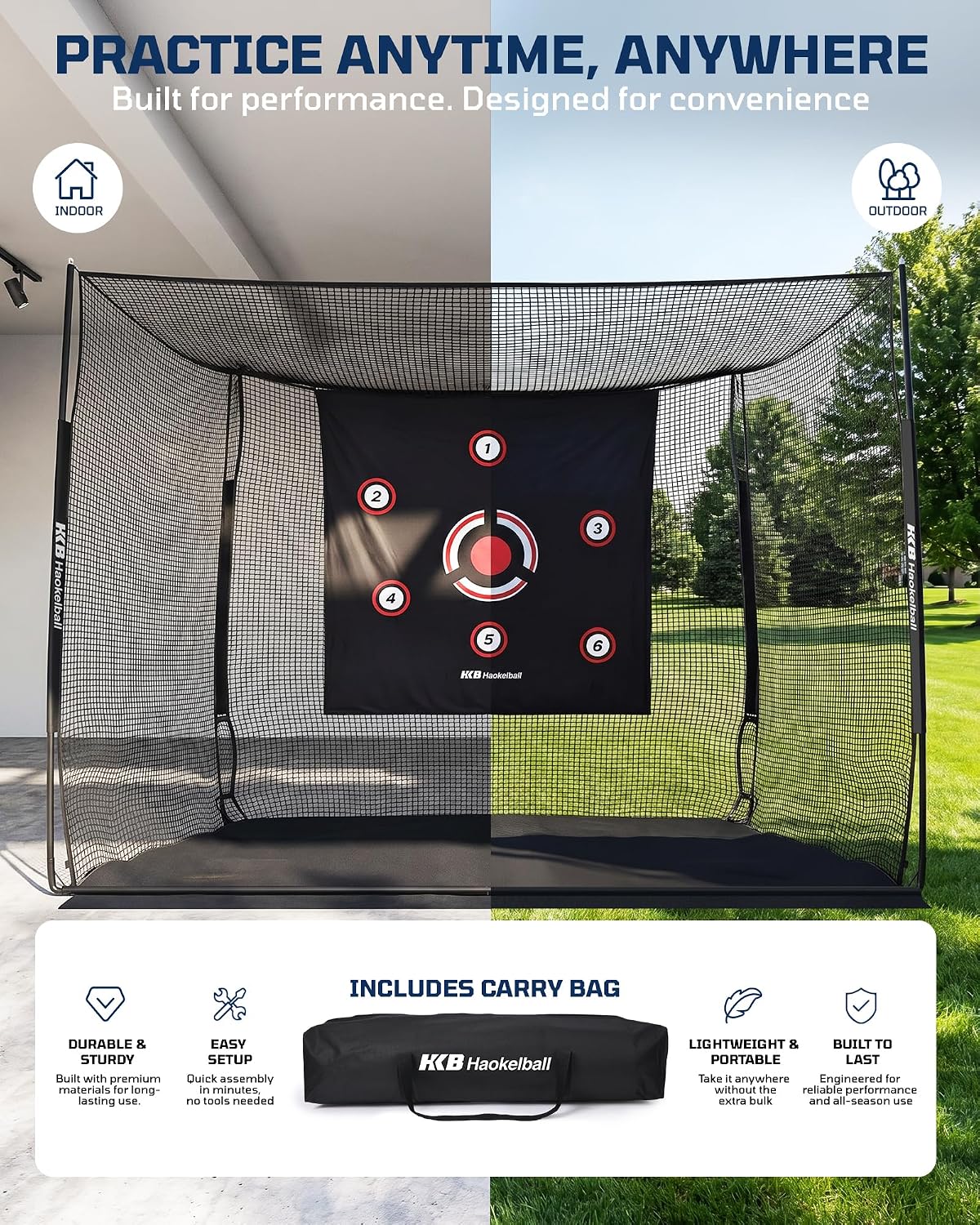 Haokelball Golf Cage with Metal Frame, 10x8x6ft Golf Hitting Nets for Backyard Driving Real Balls, Heavy Duty Net Enclosure with 3-Sides & Target Cloth for Indoor Outdoor Full Swing Practice