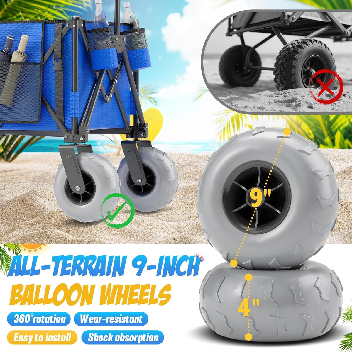 Beach Wagon with Big Wheels for Sand, 350lbs Heavy Duty Folding Wagon, Oversized 180L, 9' PVC All-Terrain Wheels, Adjustable Handle, Cooler & Storage Bags for Beach, Camping & Outdoor Sports (Blue)
