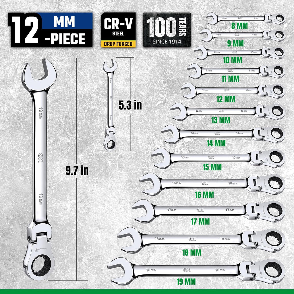 SK Flex-Head Ratcheting Wrench Set, Combination Wrench Set, 12-Piece, Metric 8 to 19mm, 72-Tooth, Premium CR-V Construction, with Rack Organizer
