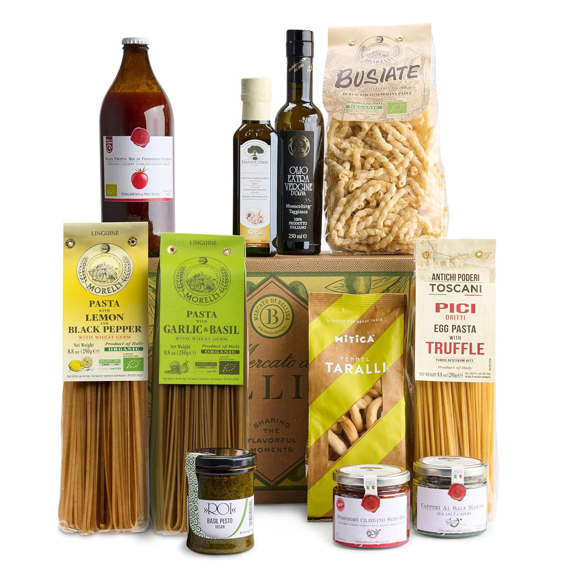 Mercato di Bellina Italy's Finest Artisanal Italian Food Gift Basket - All Natural Gourmet Pasta Gift Basket. Ideal for Holiday, Sympathy, Congratulations, Anniversary or Celebration
