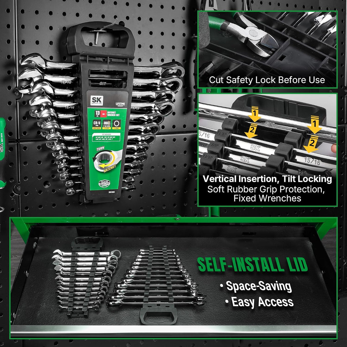 SK Ratcheting Wrench Set, Combination Wrench Set, 13-Piece, SAE 1/4' to 1', 72-Tooth, Premium CR-V Construction, with Rack Organizer