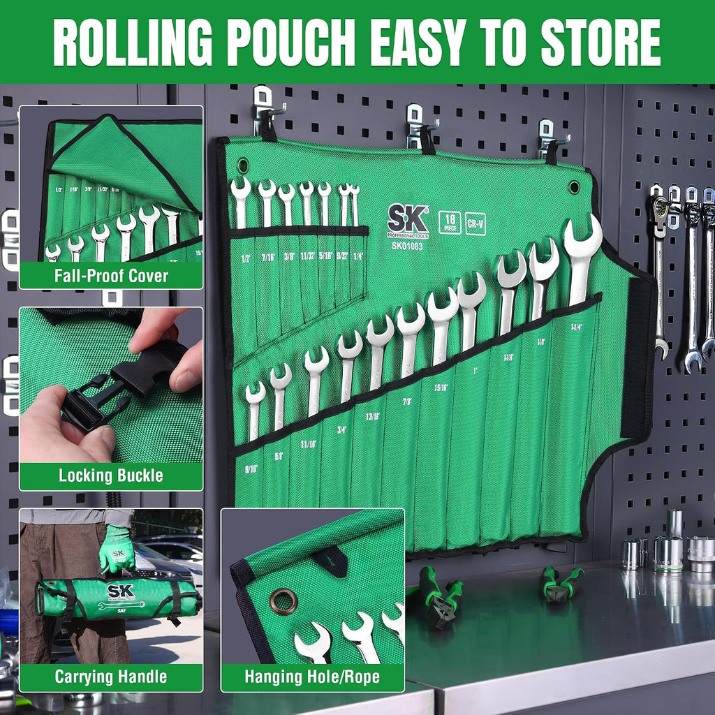 SK Combination Wrench Set, SAE 1/4' to 1-1/4', 18-Piece, SuperKrome Finish, Premium CR-V Construction, with Rolling Pouch