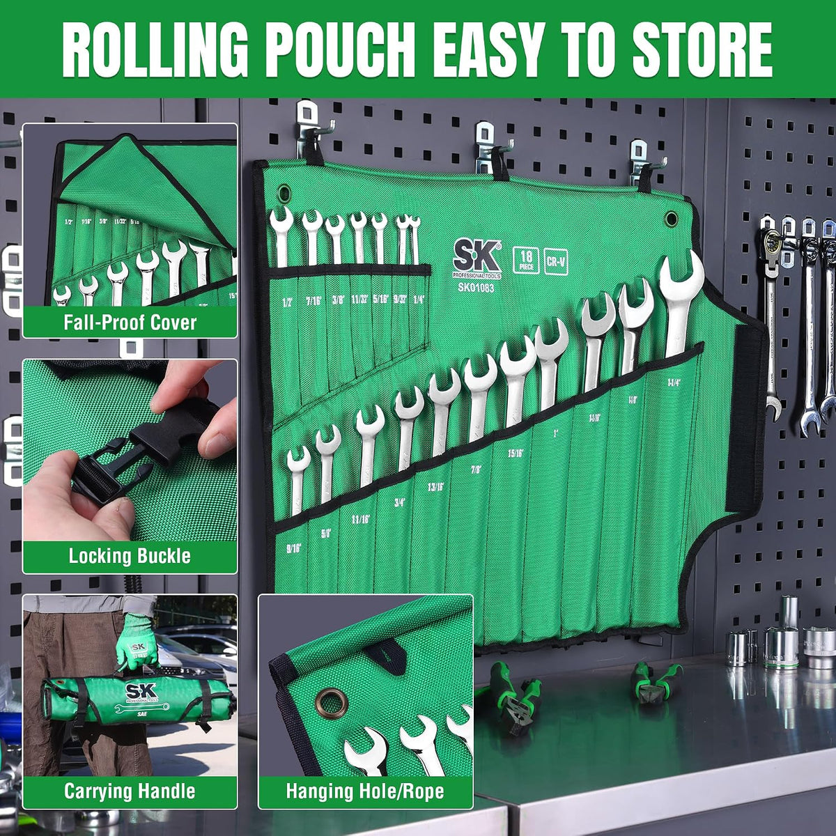 SK Combination Wrench Set, SAE 1/4' to 1-1/4', 18-Piece, SuperKrome Finish, Premium CR-V Construction, with Rolling Pouch