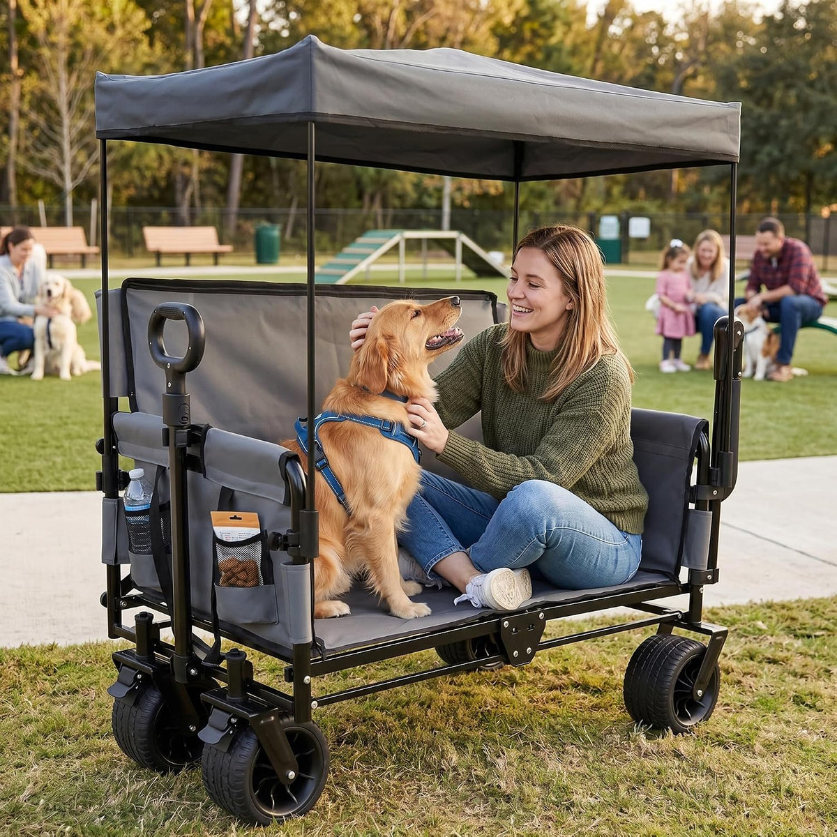 ZeHuoGe 3-in-1 Folding Wagon Cart with Bench Seat & Canopy & Storage, 500lbs Heavy-Duty, 180L Capacity, All-Terrain Wagon for Camping, Beach, Sports, & Garden (Gray+Black Frame)