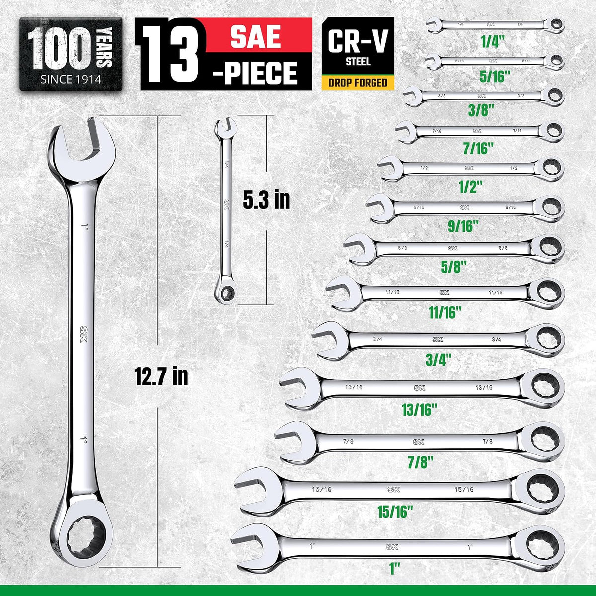 SK Ratcheting Wrench Set, Combination Wrench Set, 13-Piece, SAE 1/4' to 1', 72-Tooth, Premium CR-V Construction, with Rack Organizer