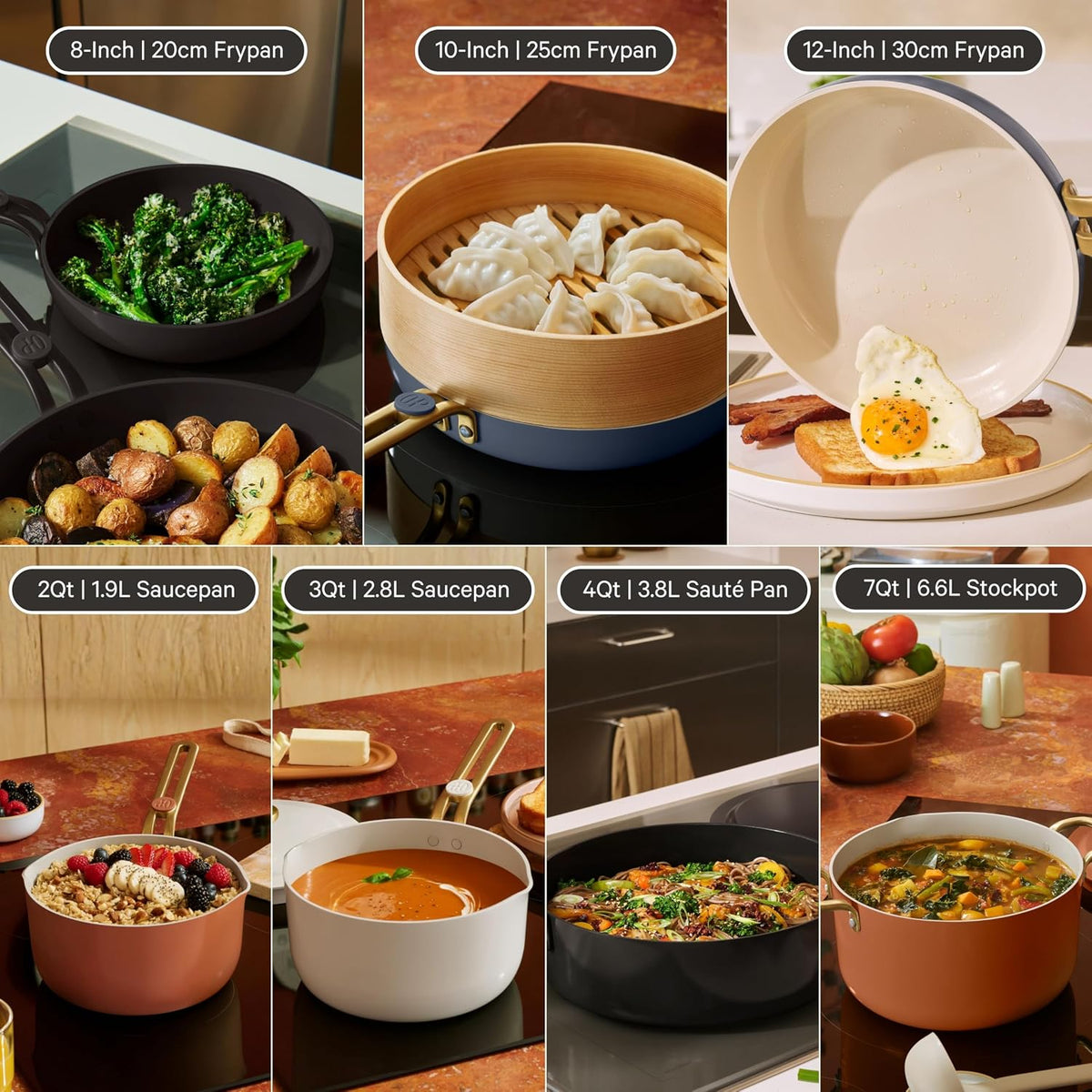 Our Place 17-Piece Essentials Complete Cookware Set - Ceramic Fry Pans, Saucepans, Sauté Pan, Stock Pot, Strainer Basket & Modular Storage | Thermakind™ Nonstick, Oven Safe up to 450°F | Cream