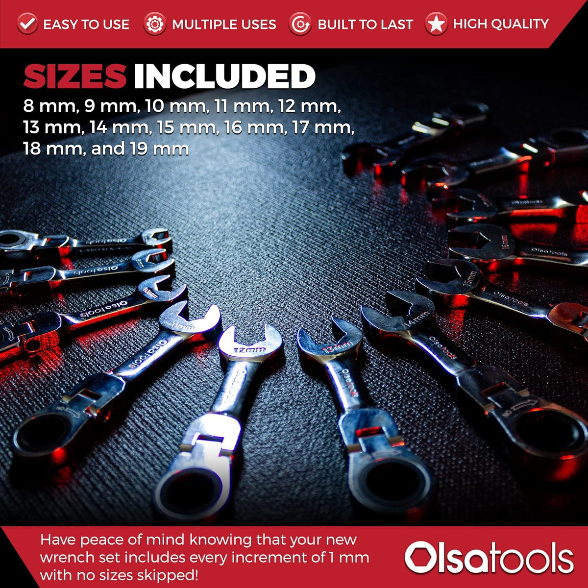 Olsa Tools Stubby Ratcheting Wrench Set - 12 Pc Metric Flex Head - 6-Point Box End - 120-Tooth - Works on Rounded or Stripped Bolts - Compact Professional Spanners - Part 1358