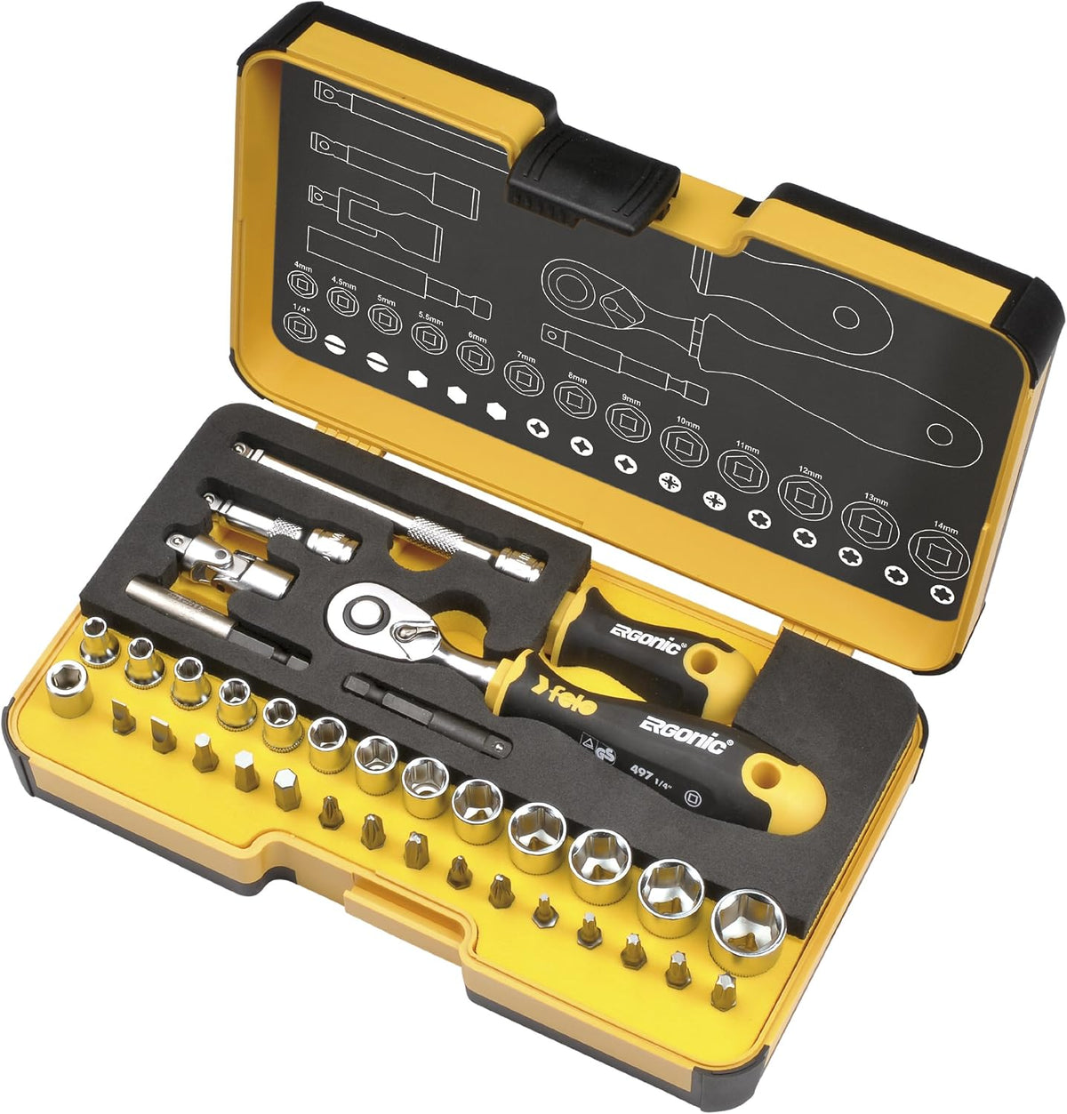 Felo 61547 Felo R-GO XL 36 piece Box Sockets, Bits Ergonic Ratchet, Metric