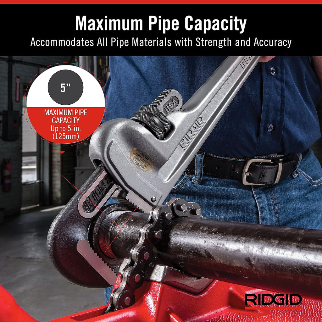 RIDGID 31110 Model 836 36' Aluminum Straight Pipe Wrench with 5' Pipe Capacity, 40% Lighter Aluminum Straight Plumbing Wrench with I-Beam Handle