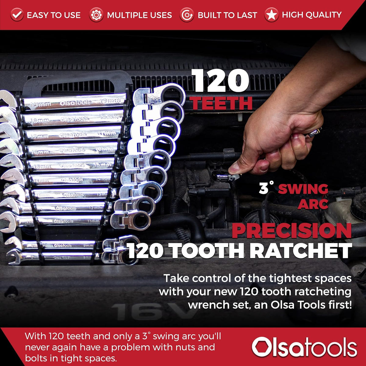 Olsa Tools Flex Head Ratcheting Wrench Set (Metric 12pc) | 6-Point Box End Ratchet Wrenches Set | 120 Tooth Ratchet Wrench Sets | Works on Stripped and Rounded Bolts | Professional Spanner Wrench