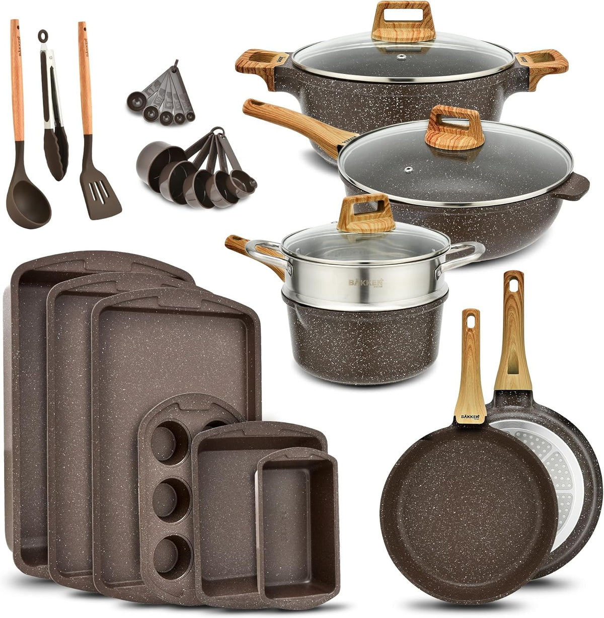 Bakken Master 20 Piece Cookware Set - Pots and Pans with Handle Grips and Tempered Glass Lids, With 6-piece Bakeware Set, Nonstick Granite Coating, Ceramic Max Temperature (Up To 500°F), Brown Marble