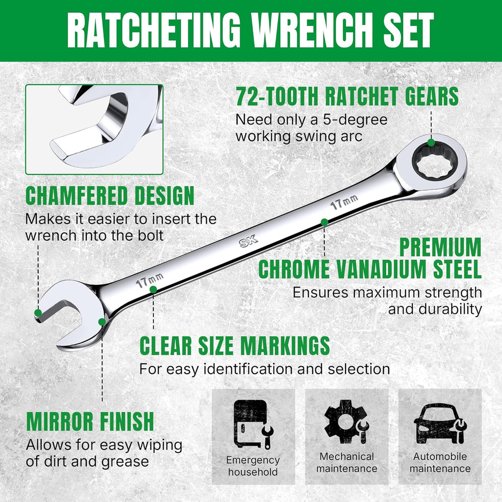 SK Ratcheting Wrench Set, Combination Wrench Set, 25-Piece, SAE 1/4' to 1', Metric 8 to 19mm, 72-Tooth, Premium CR-V Construction, with Rack Organizer