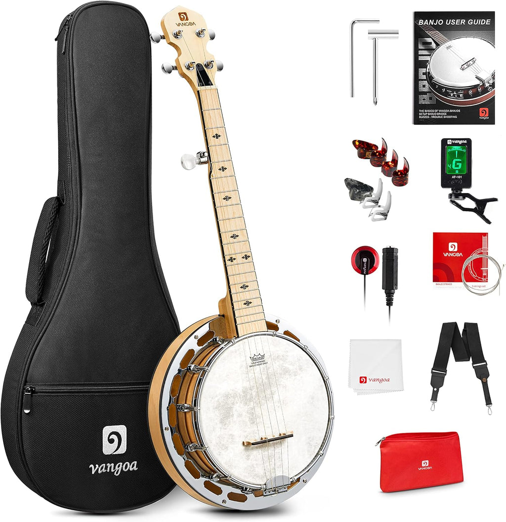 Vangoa Mini 5 String Banjo 28 Inch - Travel Maple Small Beginner Kit With Tone Ring, Fiberskyn Remo Head for Kids Teens Adults