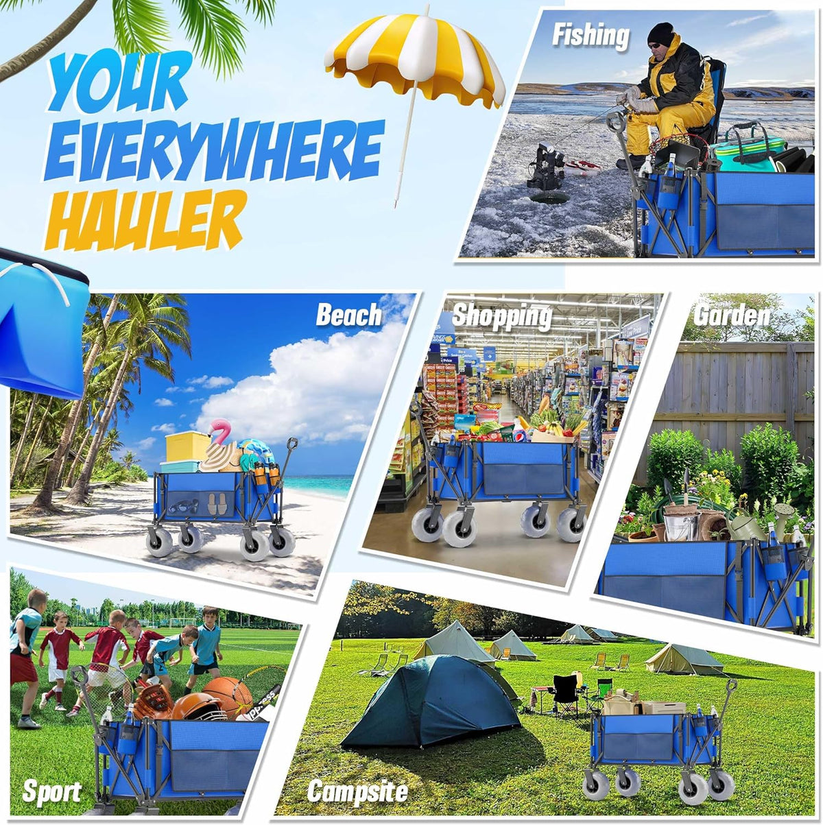 Beach Wagon with Big Wheels for Sand, 350lbs Heavy Duty Folding Wagon, Oversized 180L, 9' PVC All-Terrain Wheels, Adjustable Handle, Cooler & Storage Bags for Beach, Camping & Outdoor Sports (Blue)