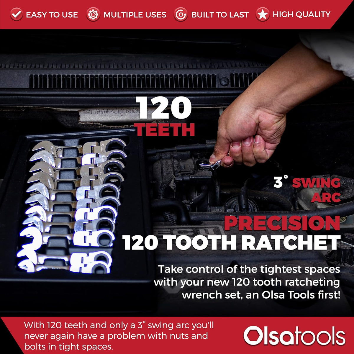 Olsa Tools Stubby Ratcheting Wrench Set - 12 Pc Metric Flex Head - 6-Point Box End - 120-Tooth - Works on Rounded or Stripped Bolts - Compact Professional Spanners - Part 1358