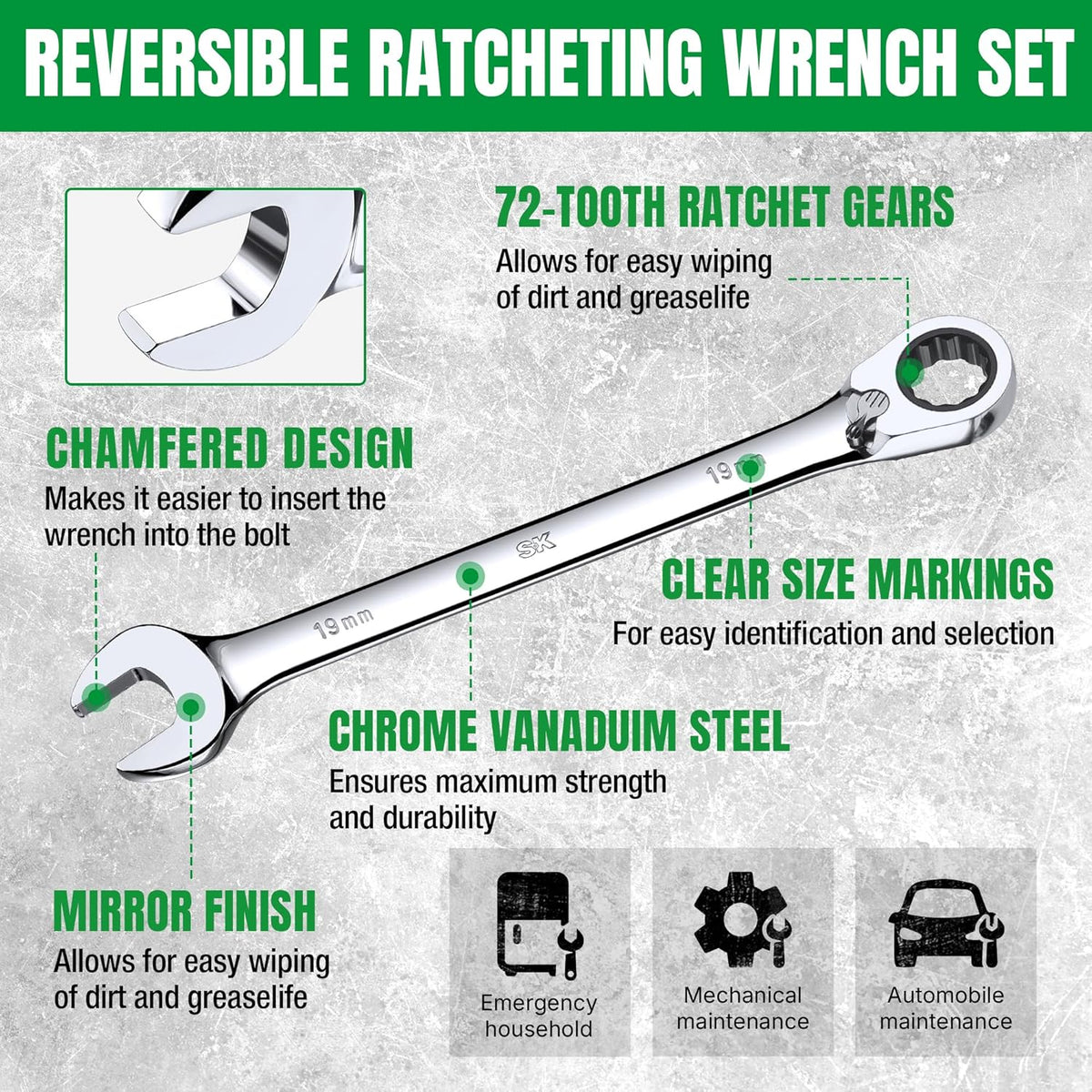 SK Reversible Ratcheting Wrench Set, Combination Wrench Set, 12-Piece, Metric 8-19 mm, 72-Tooth, Premium CR-V Construction, with Rack Organizer