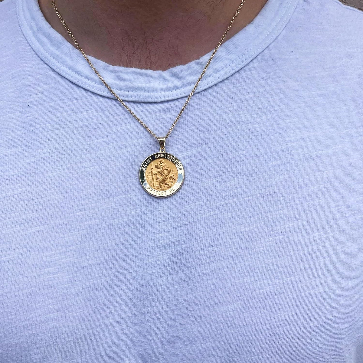 14k Yellow Gold and White Gold Polished Saint Christopher Pendant Medal Necklaces for Men and Boys