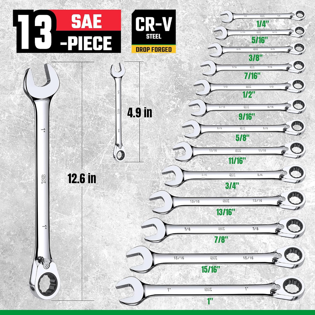 SK Reversible Ratcheting Wrench Set, Combination Wrench Set, 13-Piece, SAE 1/4' to 1', 72-Tooth, Premium CR-V Construction, with Rack Organizer
