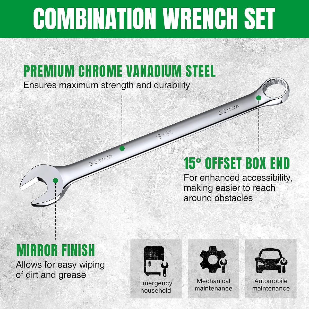 SK Long Pattern Combination Wrench Set, Metric 25 to 32mm, 6-Piece, SuperKrome Finish, Premium CR-V Construction, with Rolling Pouch
