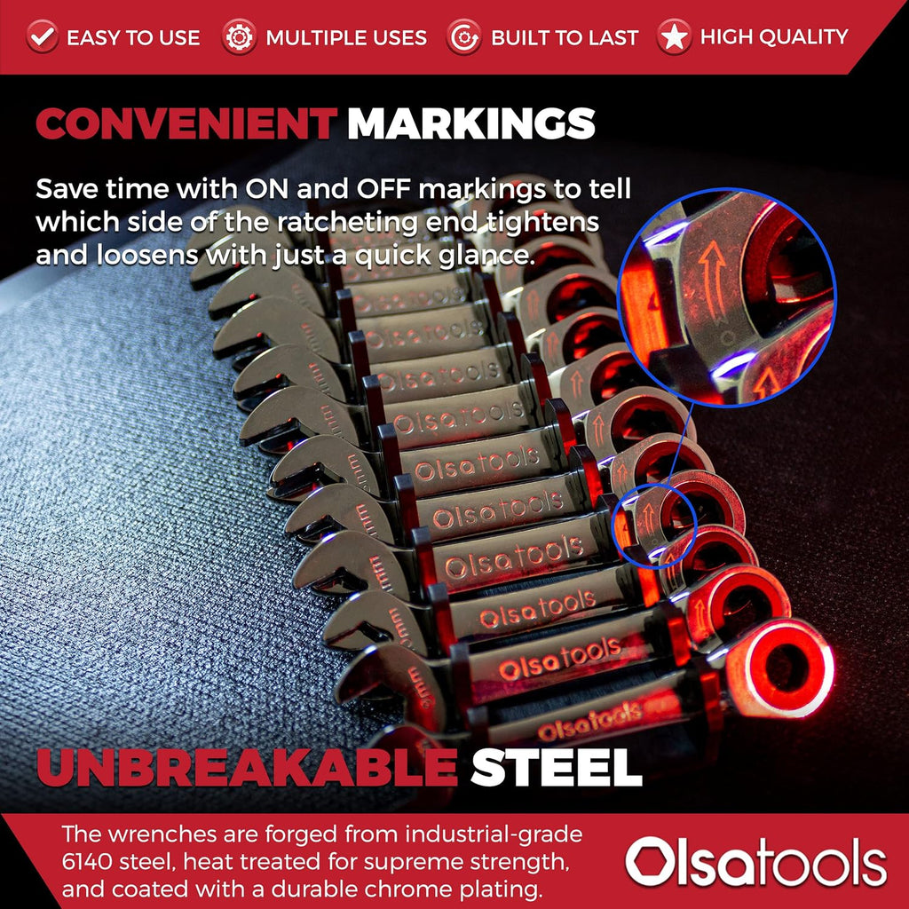 Olsa Tools 12pc Metric Ratchet Wrench Set, 120 Tooth, Stubby, Chrome Vanadium Steel