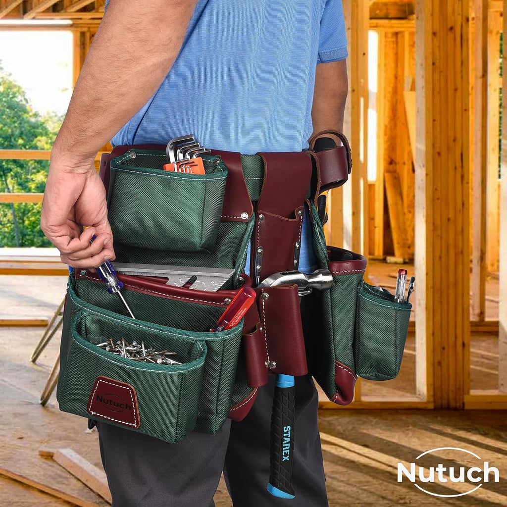 Nylon and Leather Tool Belt | Nylon Tool Pouch | Carpenter Tool Belt | Construction | Framers | Electrician Tool Belts | Drywall Tool Bags | Handyman | Electric (GREEN)