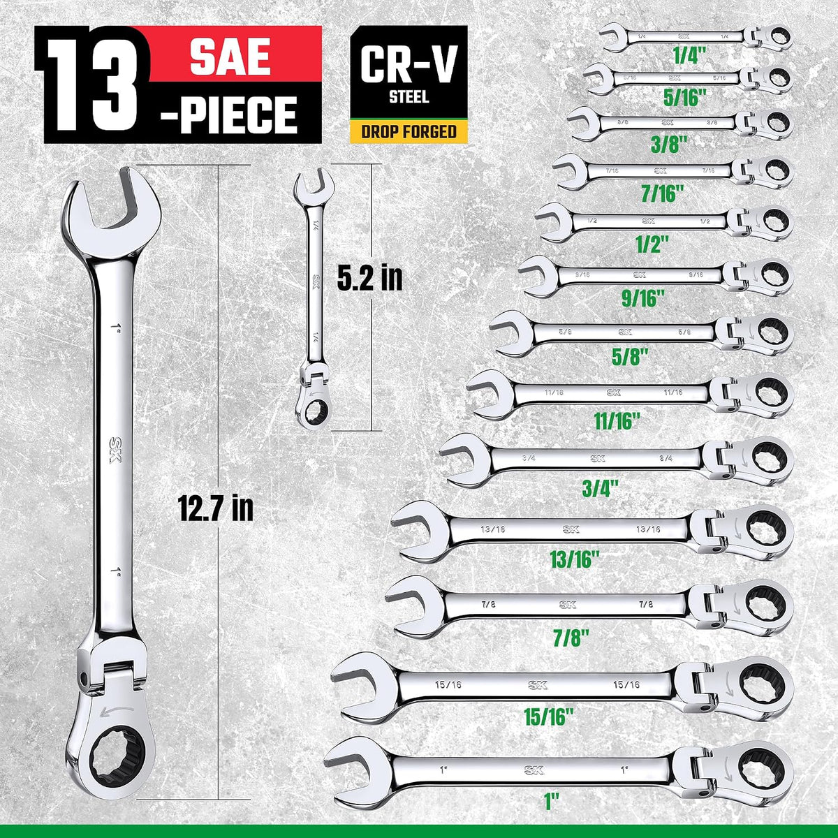 SK Flex-Head Ratcheting Wrench Set, Combination Wrench Set, 13-Piece, SAE 1/4' to 1', 72-Tooth, Premium CR-V Construction, with Rack Organizer