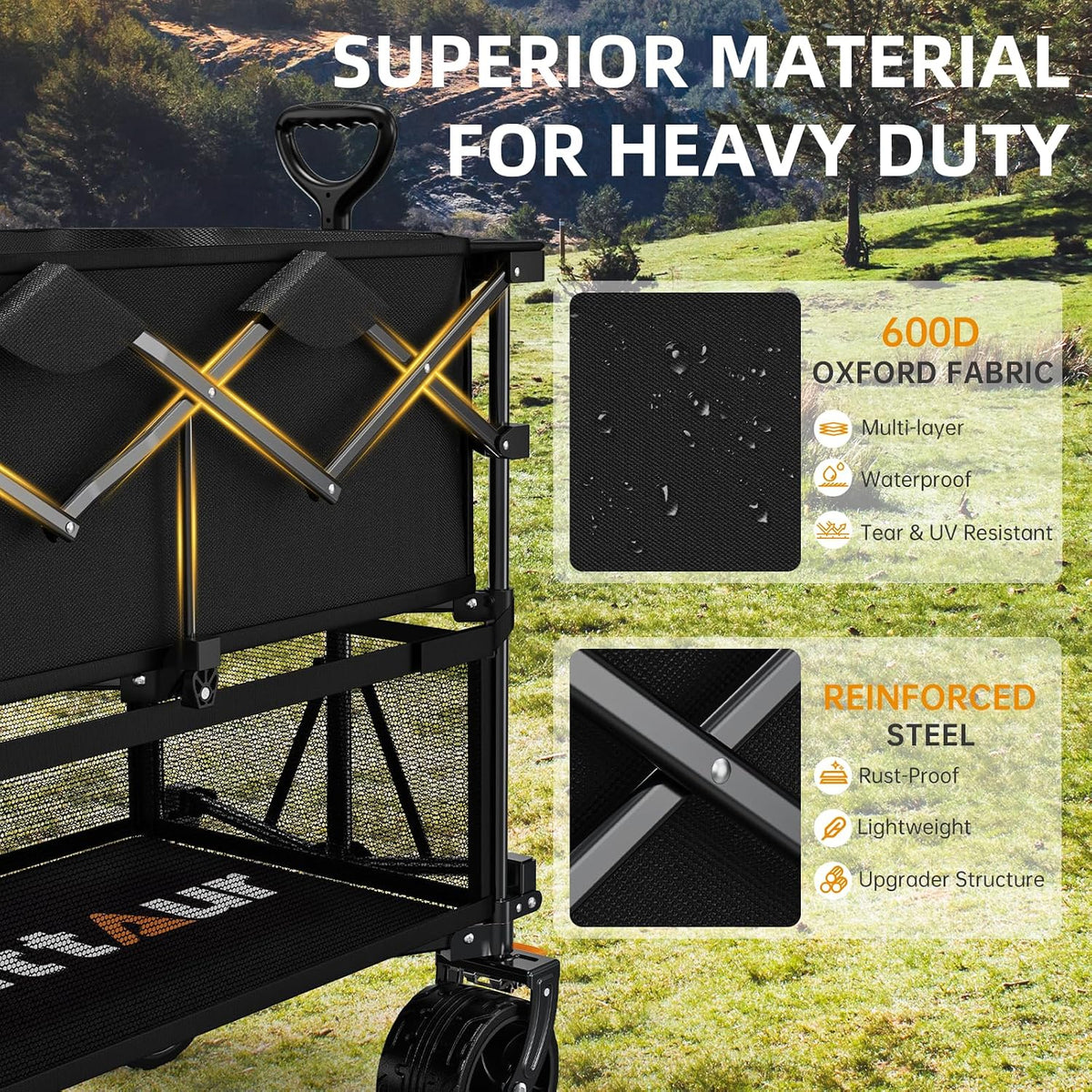 Uyittour Foldable 50''L Extra Long Double Decker Wagon for Sport, 400L Collapsible Heavy Duty Wagon Cart with Big Wheels, Utility All-Terrain Large Extender Cart for Outdoors