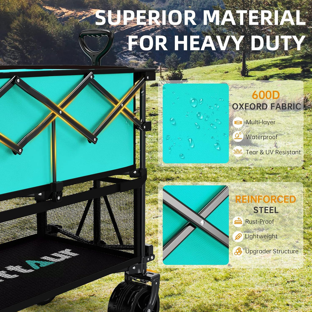 Uyittour Foldable 50''L Extra Long Double Decker Wagon for Sport, 400L Collapsible Heavy Duty Wagon Cart with Big Wheels, Utility All-Terrain Large Extender Cart for Outdoors, Light Blue