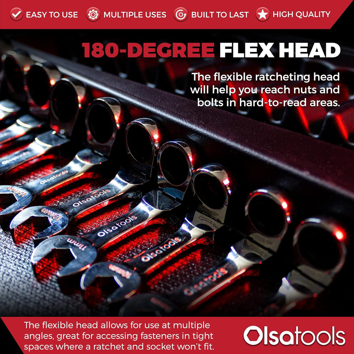 Olsa Tools Stubby Ratcheting Wrench Set - 12 Pc Metric Flex Head - 6-Point Box End - 120-Tooth - Works on Rounded or Stripped Bolts - Compact Professional Spanners - Part 1358