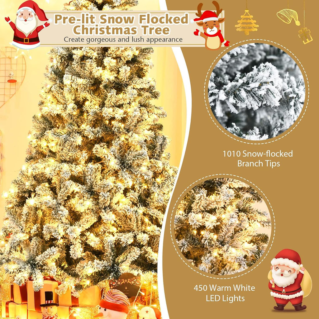 COSTWAY 7.5 FT Pre-Lit Christmas Tree, Snow Flocked Hinged Xmas Tree with 1010 Branches Tips & 450 LED Lights, Metal Stand, Artificial Pine Lighted Holiday Tree for Home Office Decorations