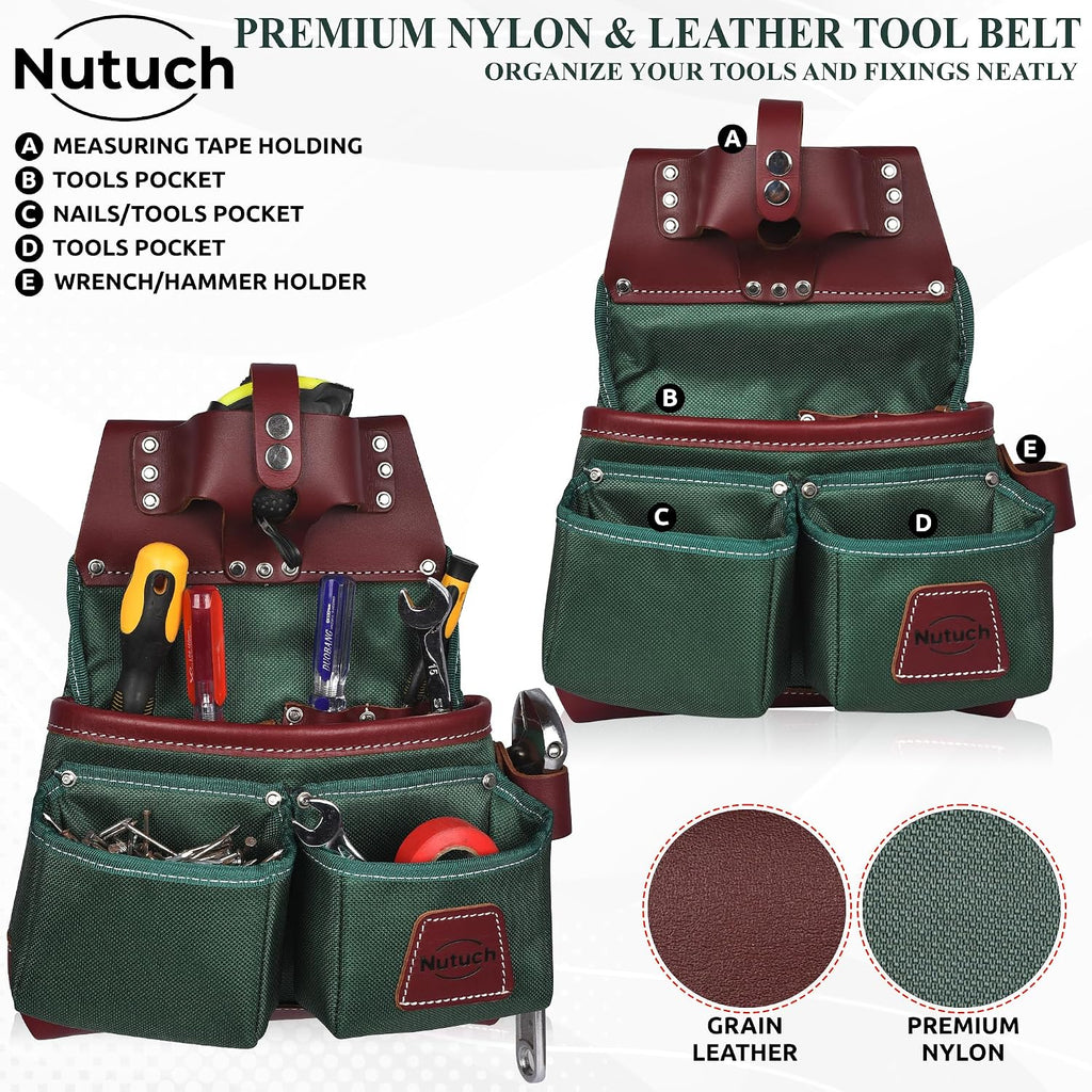 Nylon and Leather Tool Belt | Nylon Tool Pouch | Carpenter Tool Belt | Construction | Framers | Electrician Tool Belts | Drywall Tool Bags | Handyman | Electric (GREEN)