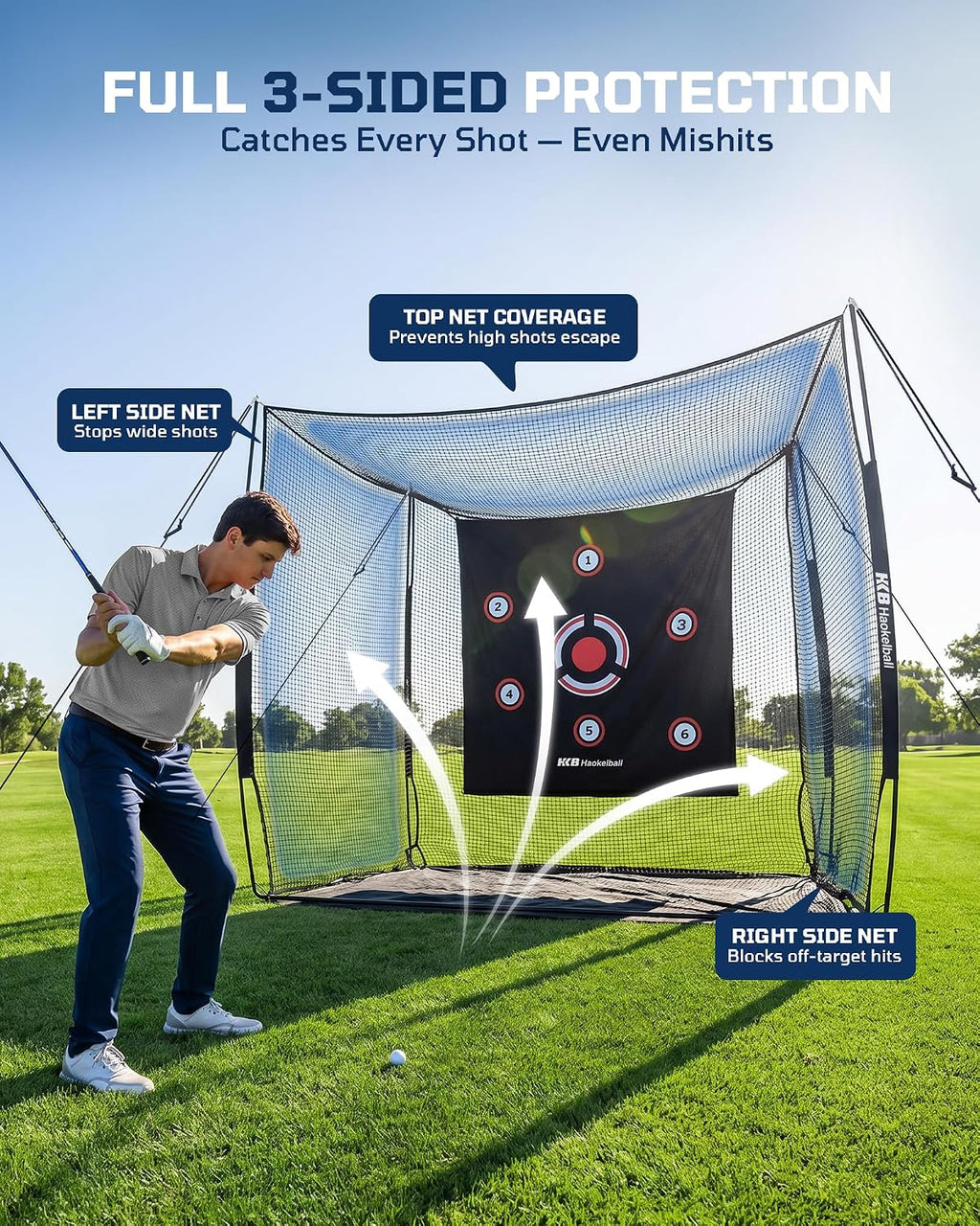Haokelball Golf Cage with Metal Frame, 10x8x6ft Golf Hitting Nets for Backyard Driving Real Balls, Heavy Duty Net Enclosure with 3-Sides & Target Cloth for Indoor Outdoor Full Swing Practice