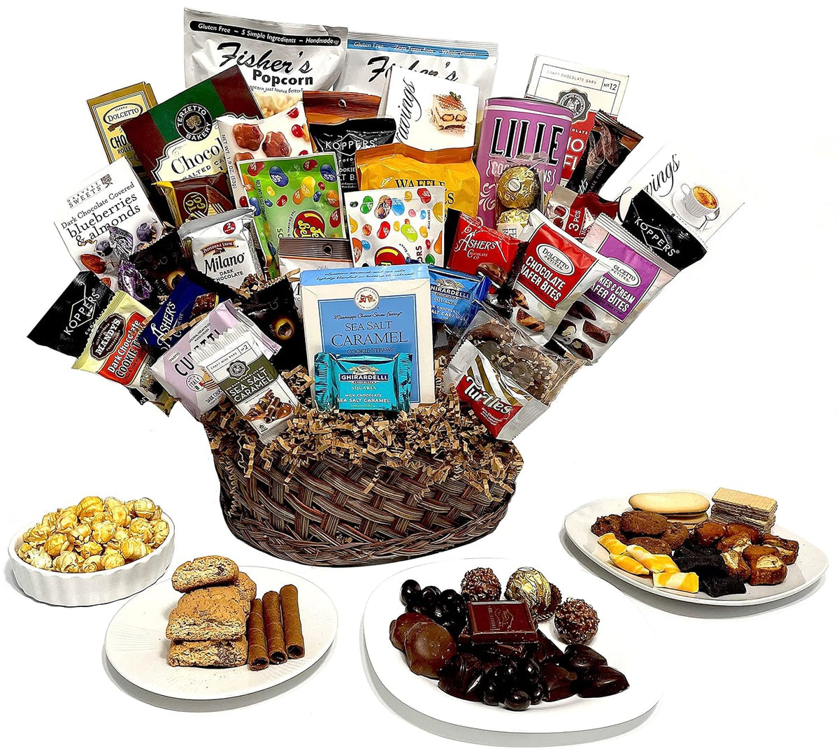 Hand-Crafted 38 Piece customizable chocolate gift basket of gourmet chocolates, cookies, and crunches. Tasty treats selected for businesses, clients, employees, birthdays, thank you and more!