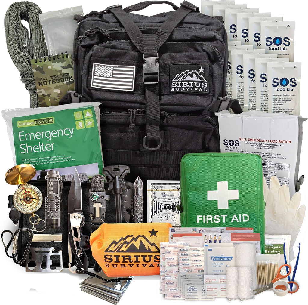 Sirius: Bug Out Bag Starter Kit - 72 Hour Kit for 1 Person – Backpack Survival Kit – 50L Tactical Backpack, US Made Food & Water, Medical Supplies & Survival Tools